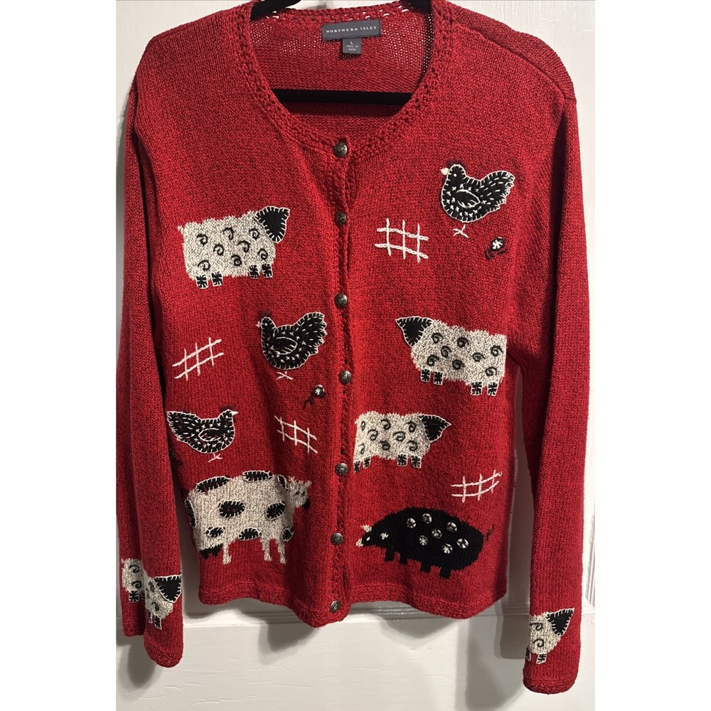 Vintage Red  Sweater Northern Isles L  Sheep Cow Pig Chicken Farm